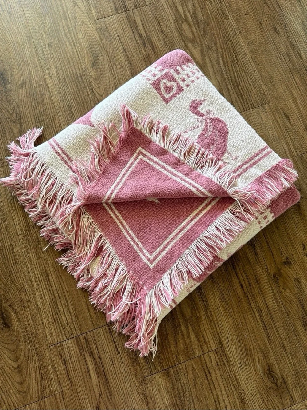 Pink and Cream Cottagecore Country Farmhouse Geese Cotton Woven Throw Blanket